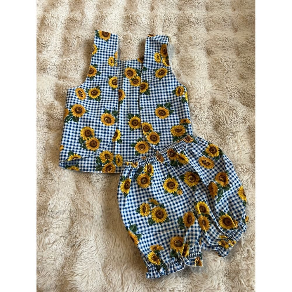 Girls Vintage Blue‎ Gingham Sunflower Vest Set Toddler Baby Outfit 6 months